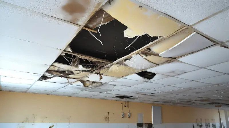 Collapsed and water-stained ceiling tiles hanging in an office