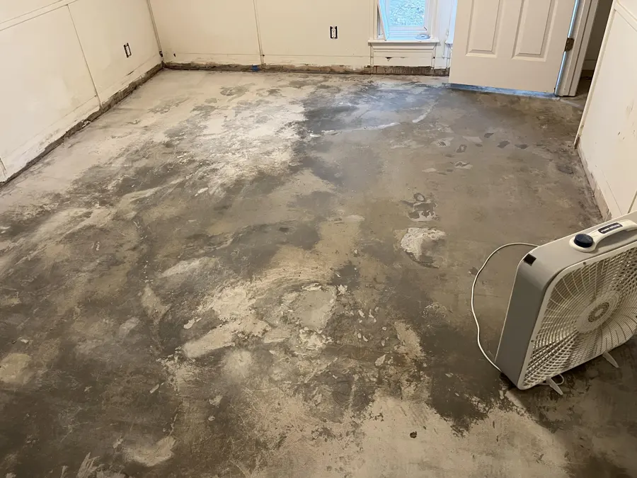 Bare concrete slab with dark wet patches and a fan drying it after the flooring came up