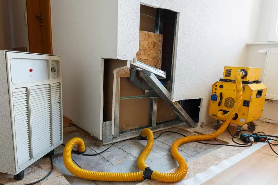Dehumidifier and a ducted dryer with yellow hoses drying an opened wall cavity